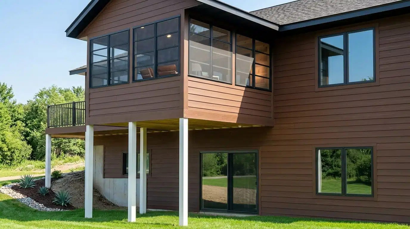 Second-story sunroom with WeatherMaster™ Windows and brown siding on white pillars.