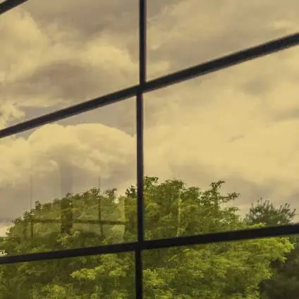 Close-up of Bronze tinted WeatherMaster vinyl windows in a Model 200 Sunroom, reflecting outdoor trees and clouds.