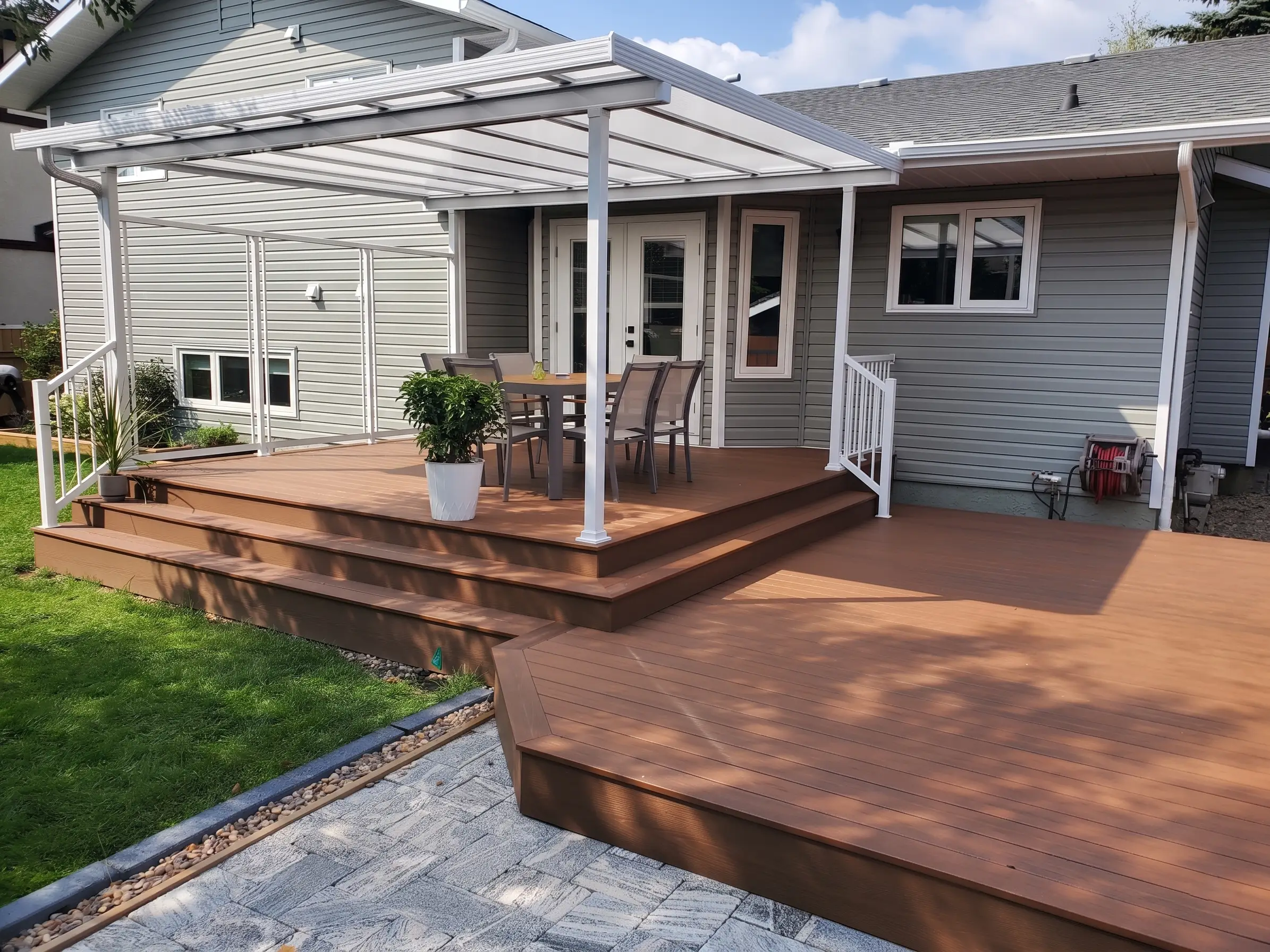 White aluminum patio cover with translucent acrylic panels over a brown wooden deck.