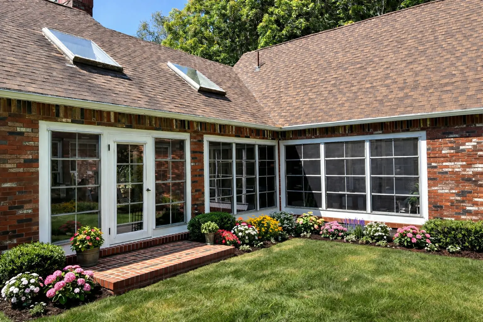 Enclosed porch conversion space featuring an integrated brick outdoor kitchen countertop and grill station.